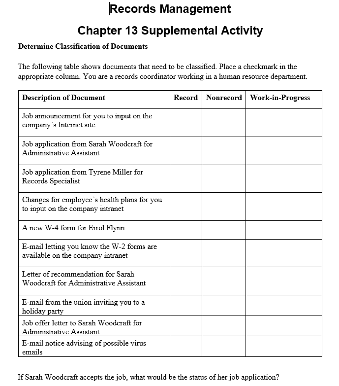  Chapter 13 Supplemental Activity Determine Classification of Documents The following table
