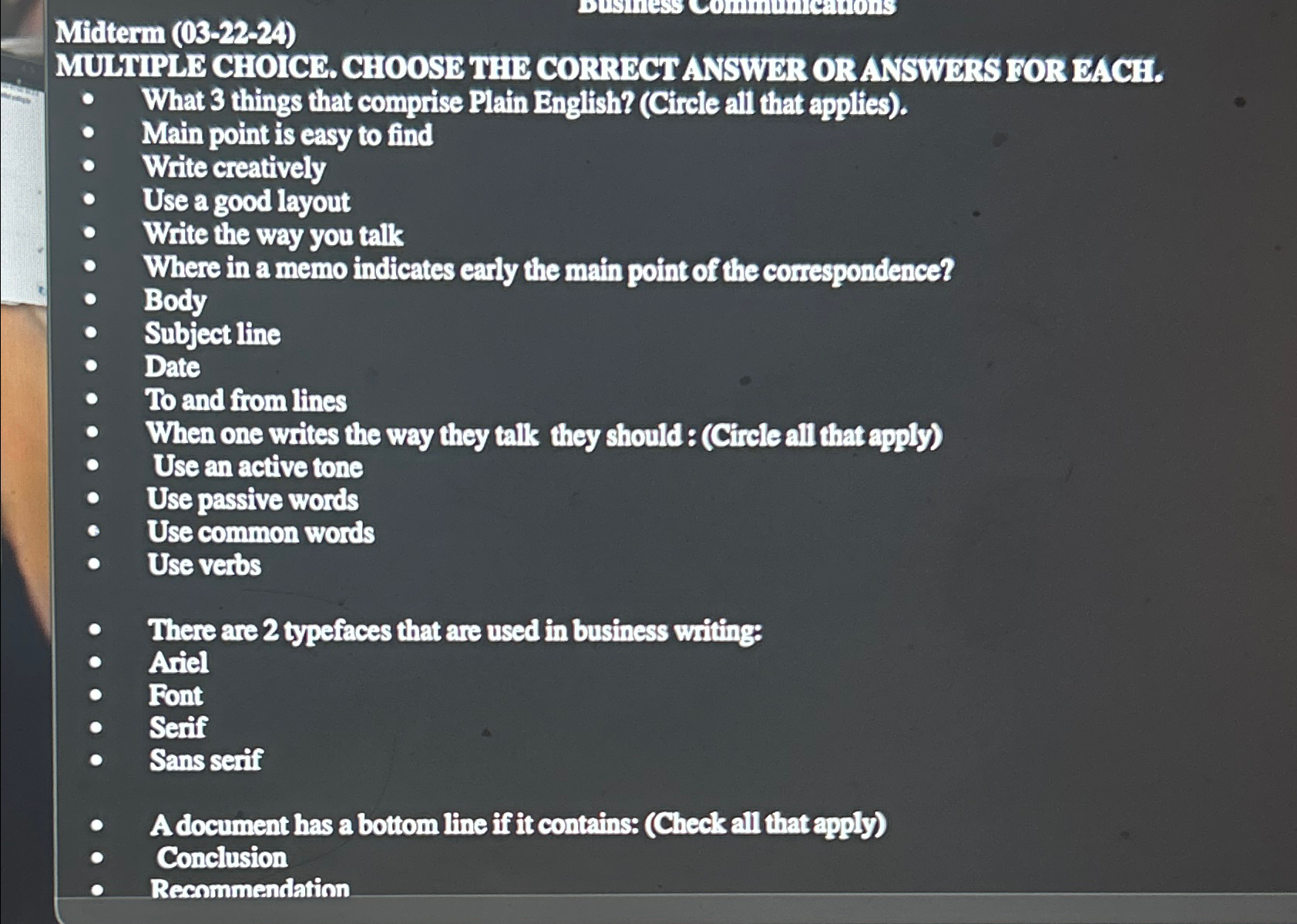  Midterm (03-22-24) What 3 things that comprise Plain English? (Circle all