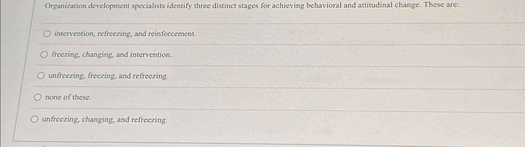  Organization development specialists identify three distinct stages for achieving behavioral and