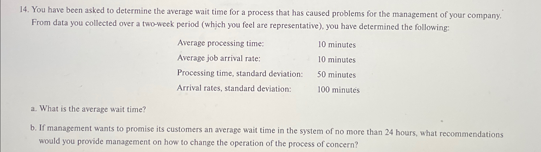  You have been asked to determine the average wait time for