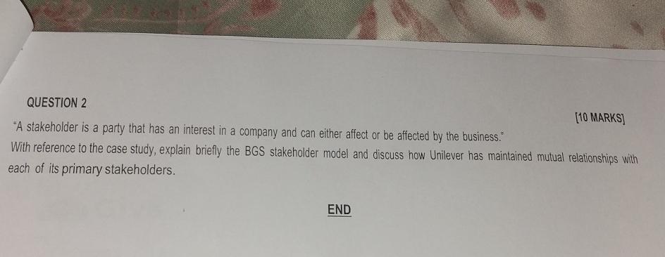  QUESTION 2 [10 MARKS] "A stakeholder is a party that has