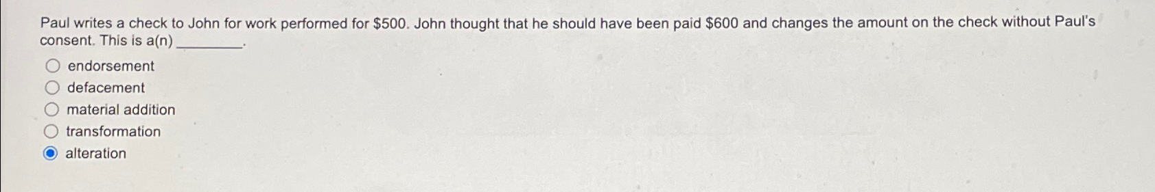  Paul writes a check to John for work performed for $500.