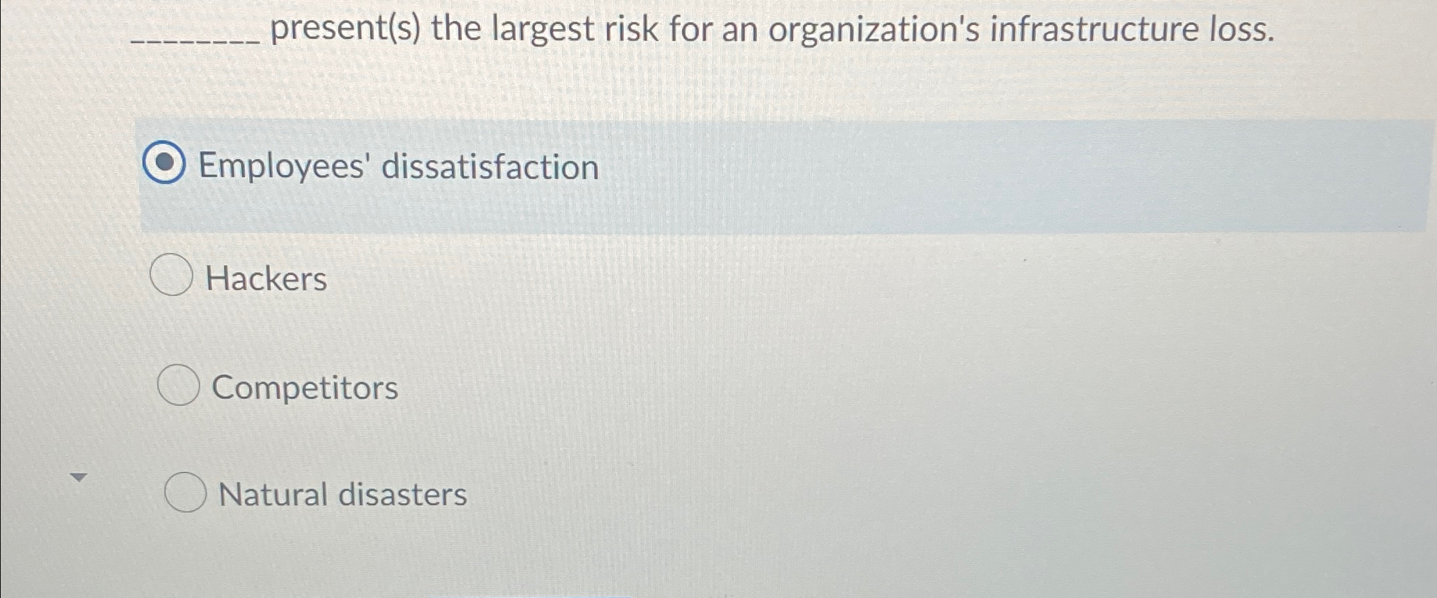  present(s) the largest risk for an organization's infrastructure loss. Employees' dissatisfaction