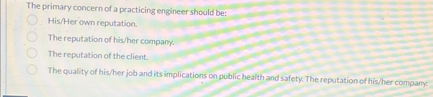  The primary concern of a practicing engineer should be: His/Her own