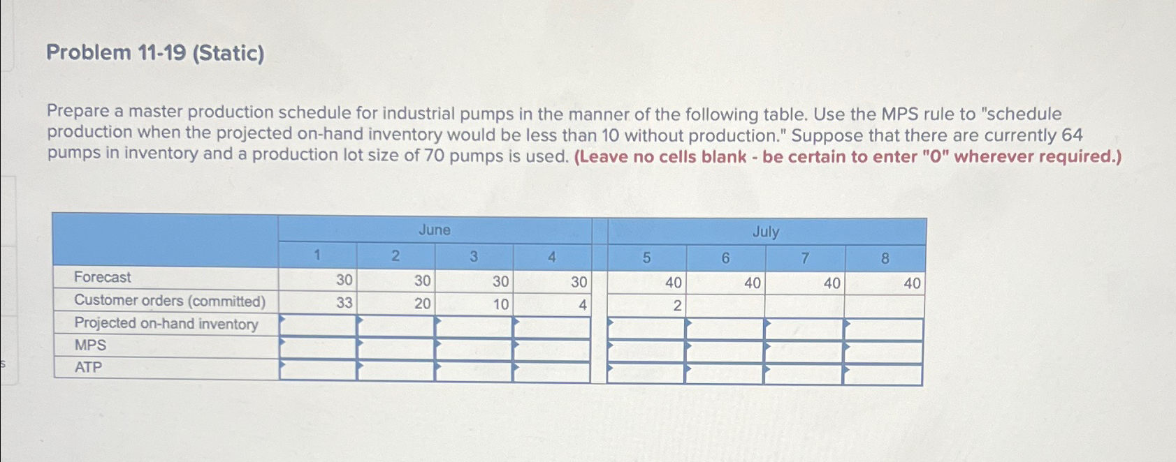  Problem 11-19(Static) Prepare a master production schedule for industrial pumps in