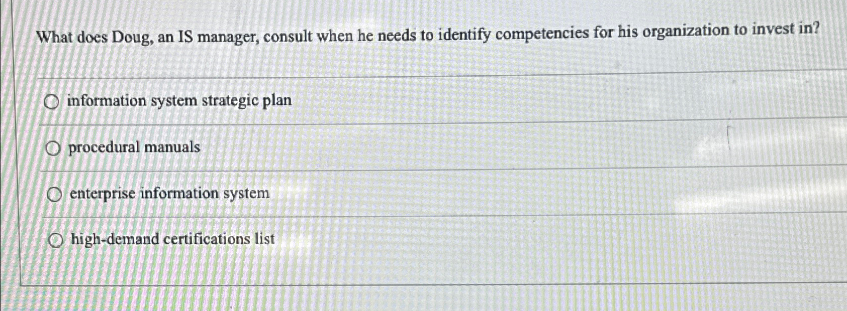  What does Doug, an IS manager, consult when he needs to