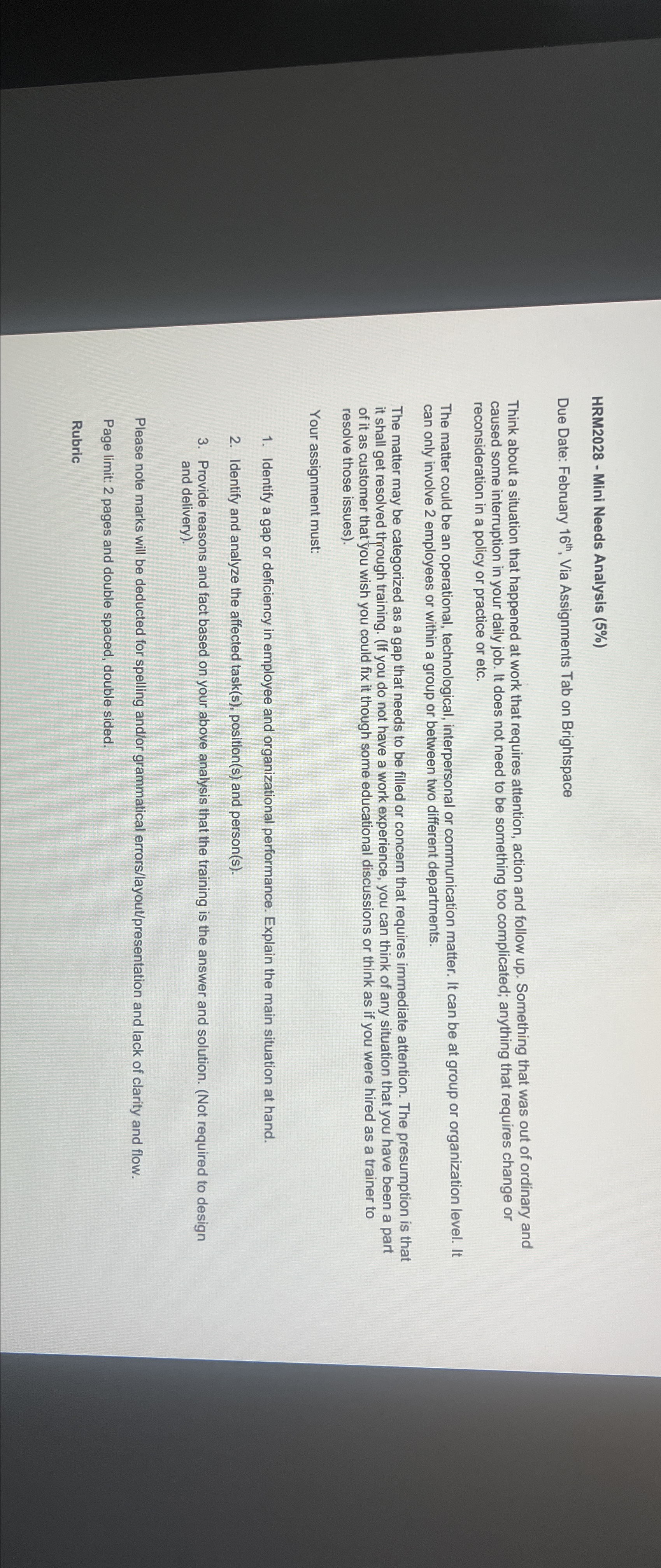  HRM2028- Mini Needs Analysis (5%) Due Date: February 16th, Via Assignments