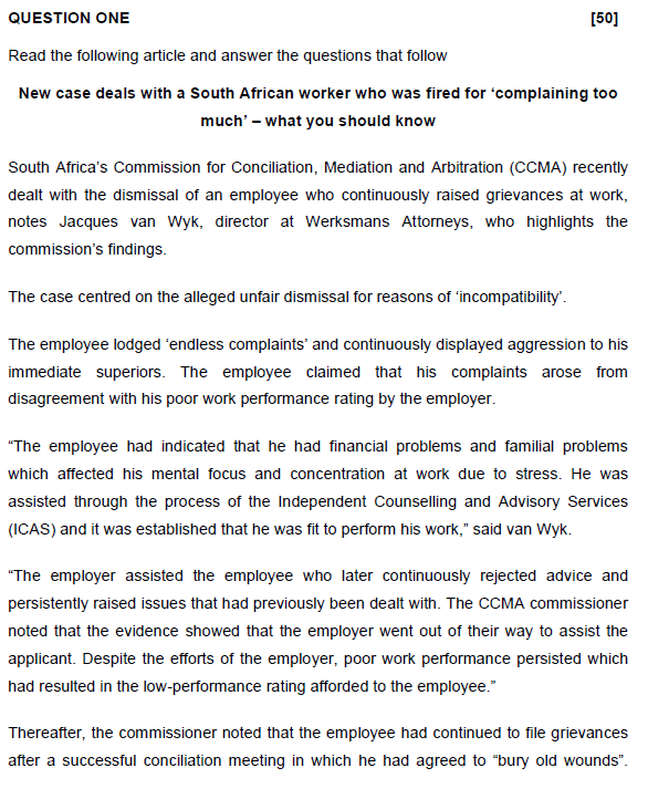  QUESTION ONE [50] Read the following article and answer the questions