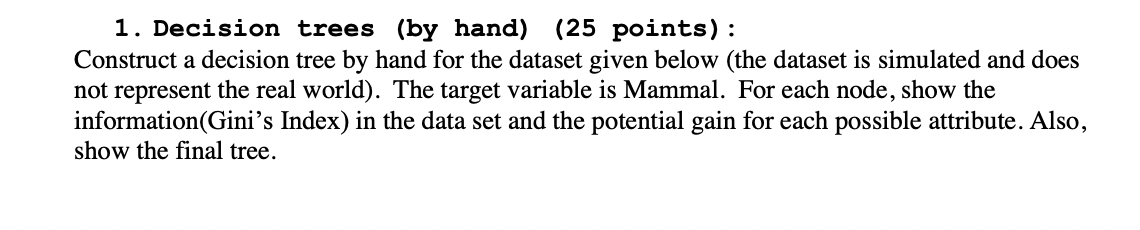  1. Decision trees (by hand) (25 points): Construct a decision tree
