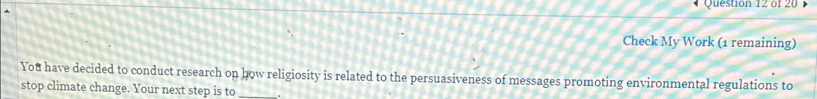 Check My Work (1 remaining) Yo have decided to conduct research