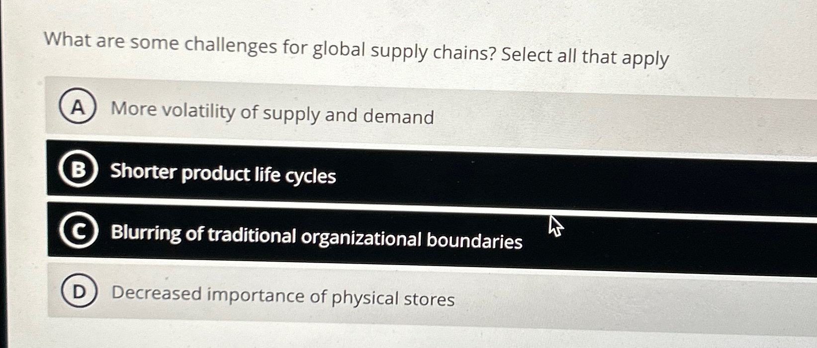  What are some challenges for global supply chains? Select all that
