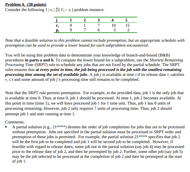  Problem 4. (30 points) Consider the following 1rj(Cjrj) problem instance. Note