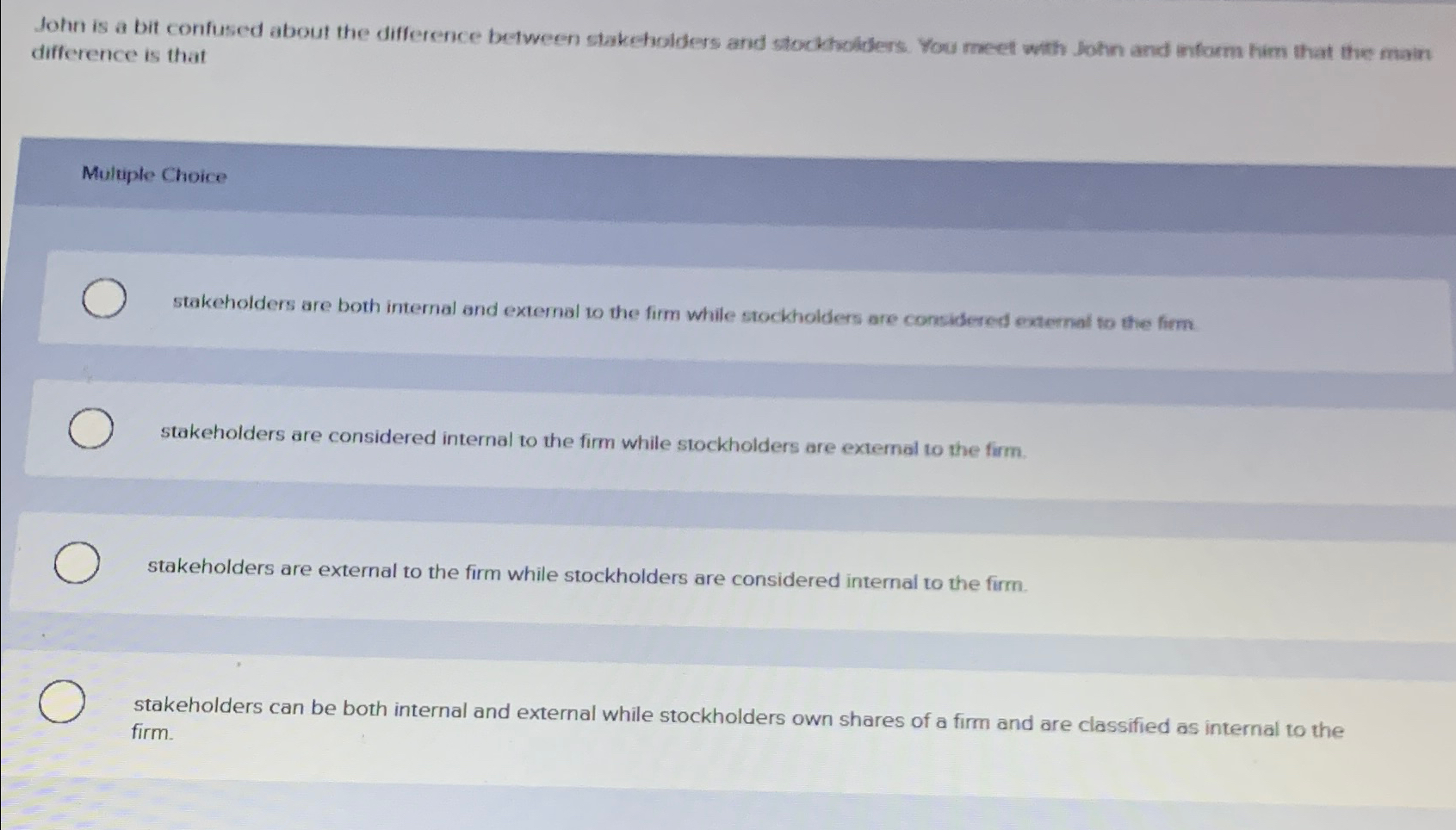  John is a bit confused about the difference between stakeholders and