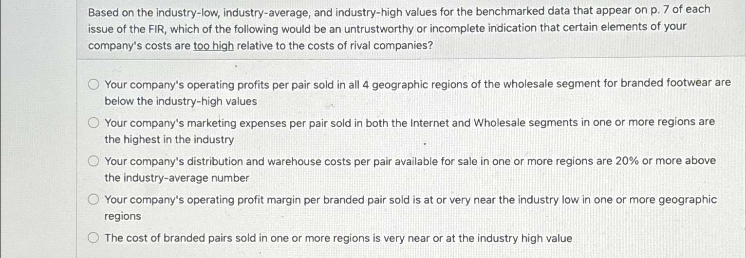  Based on the industry-low, industry-average, and industry-high values for the benchmarked