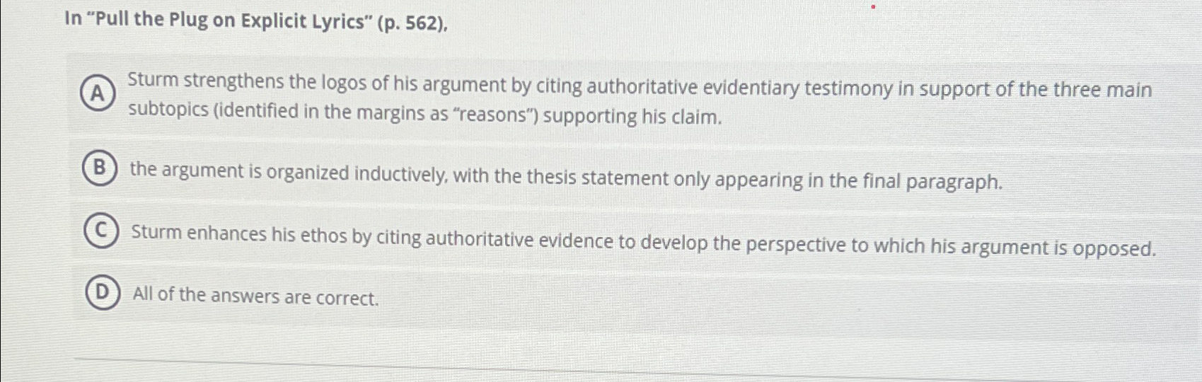  In "Pull the Plug on Explicit Lyrics" (p.562), Sturm strengthens the