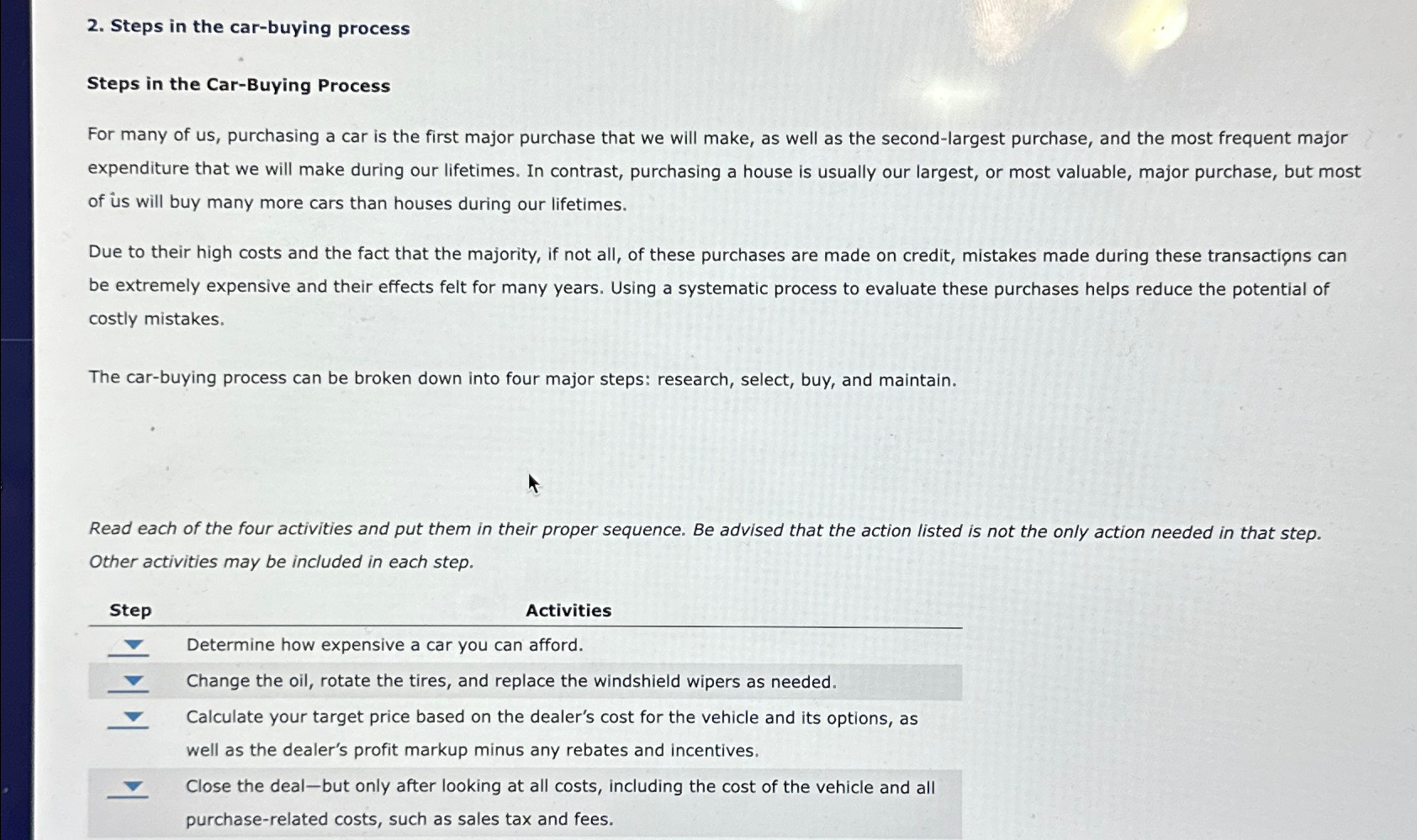  Steps in the car-buying process Steps in the Car-Buying Process For
