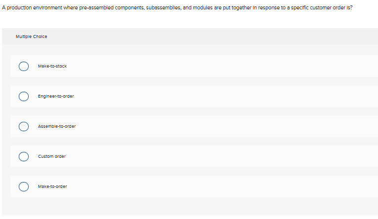  A productlon environment where pre-assembled components, subassemblies, and modules are put