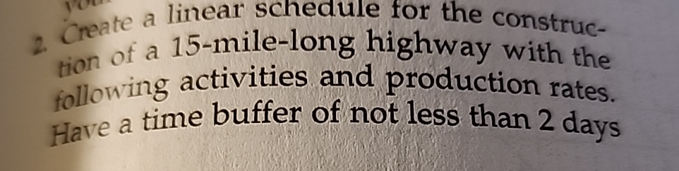  Create a linear schedule for the construction of a 15-mile-long highway
