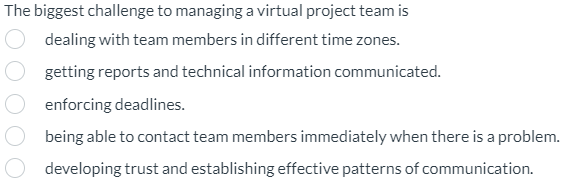  The biggest challenge to managing a virtual project team is dealing