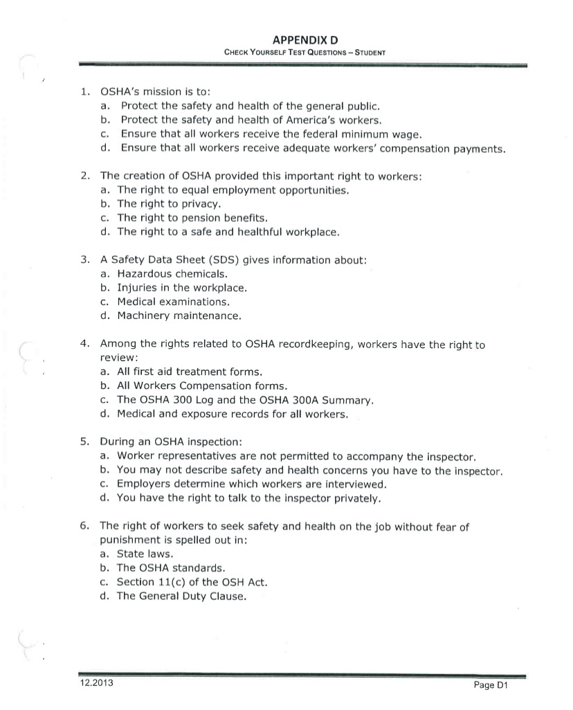  APPENDIX D CHECK YOURSELF TEST QUESTIONS - StUDENT OSHA's mission is