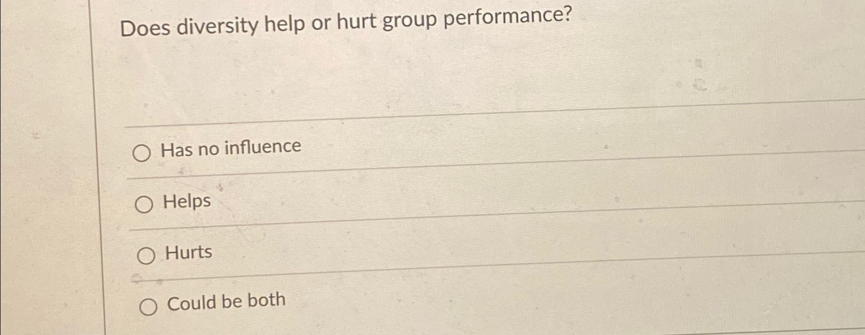  Does diversity help or hurt group performance? Has no influence Helps