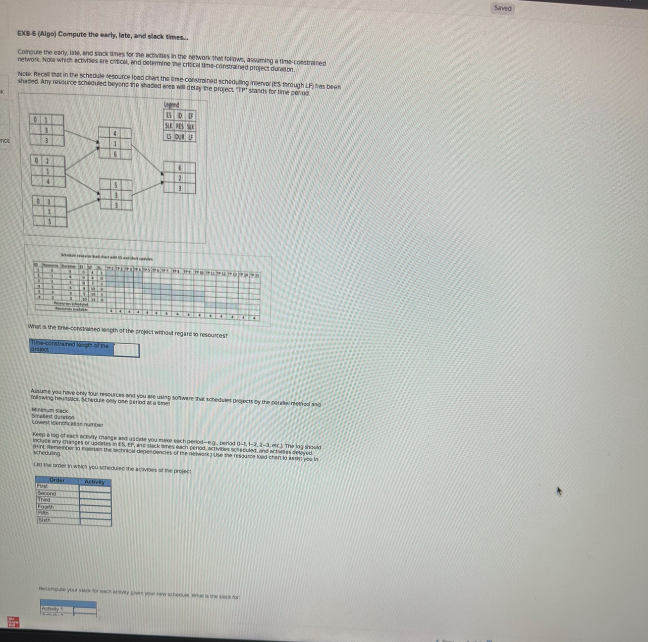  EX8-6(Algo) Compute the early, late, and slack times... Compute the early,