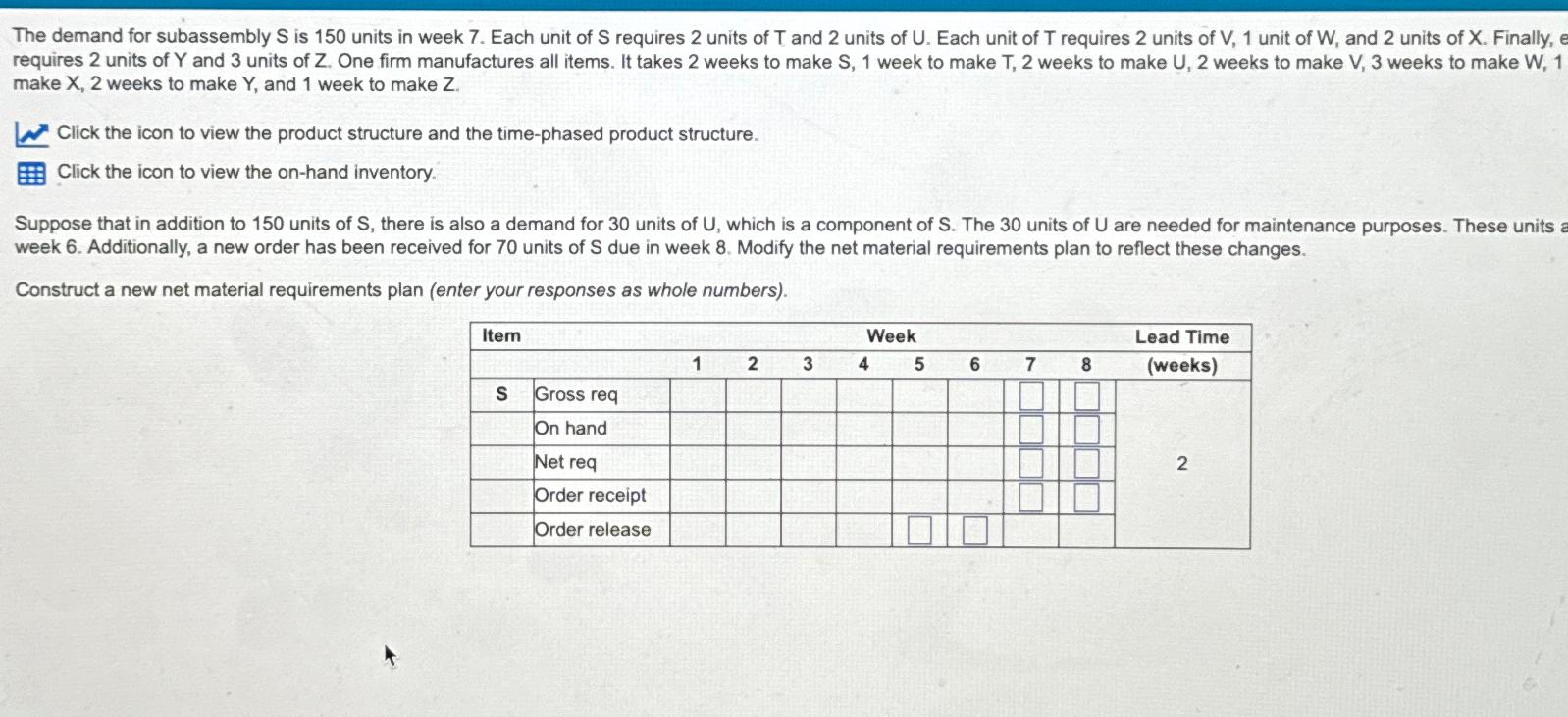  The demand for subassembly S is 150 units in week 7.
