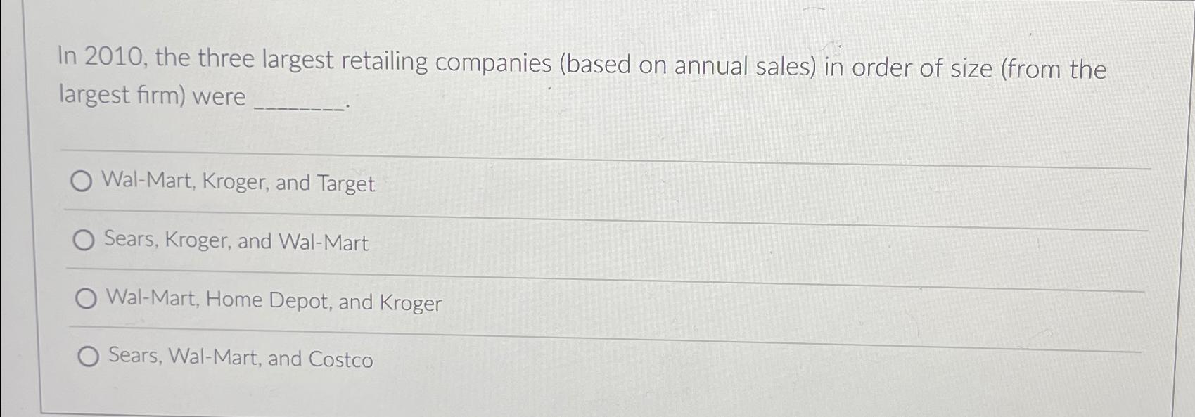  In 2010, the three largest retailing companies (based on annual sales)