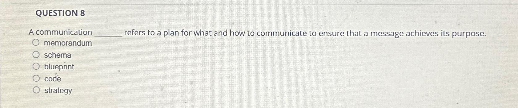  QUESTION 8 A communication refers to a plan for what and