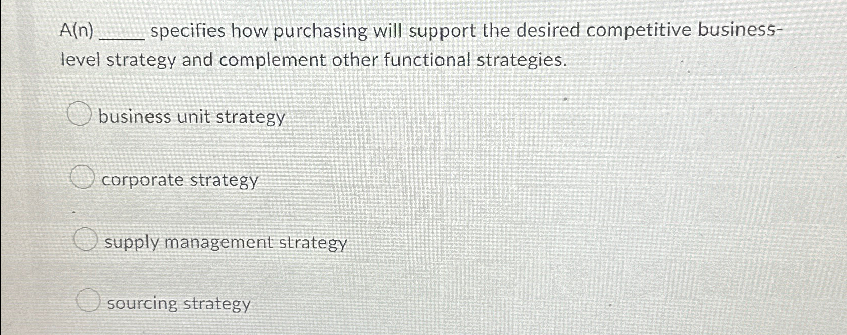  A(n) specifies how purchasing will support the desired competitive businesslevel strategy