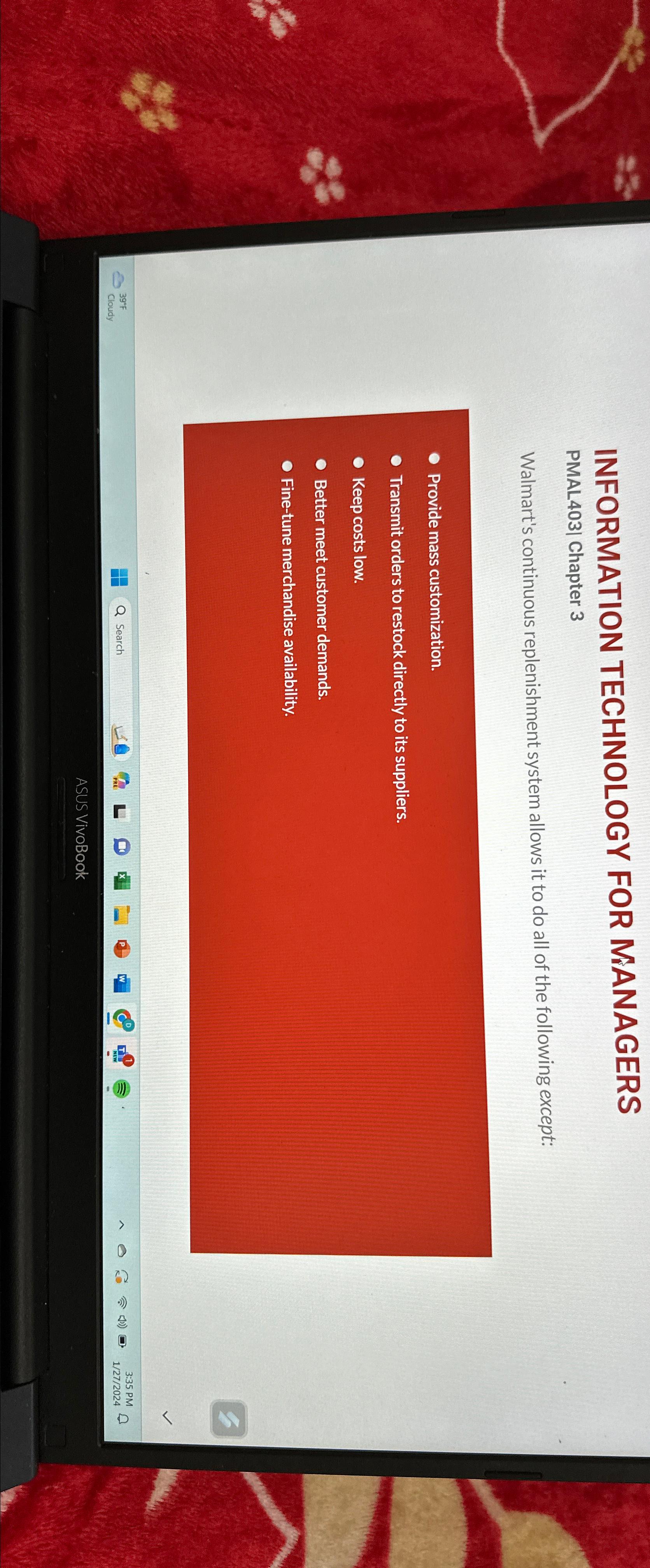  INFORMATION TECHNOLOGY FOR NIANAGERS PMAL403| Chapter 3 Walmart's continuous replenishment system