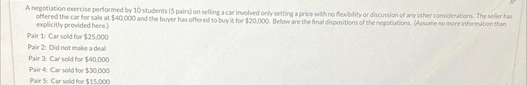  A negotiation exercise performed by 10 students (5 pairs) on selling