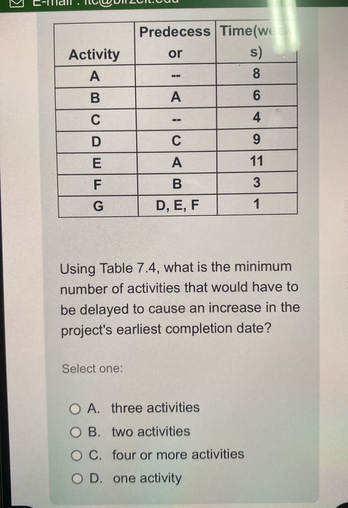  \table[[Activity,\table[[Predecess],[or]],\table[[Time(we],[s)]]],[A,--,8],[B,A,6],[C,--,4],[D,C,9],[E,A,11],[F,B,3],[G,D, E, F,1]] Using Table 7.4, what is the minimum number