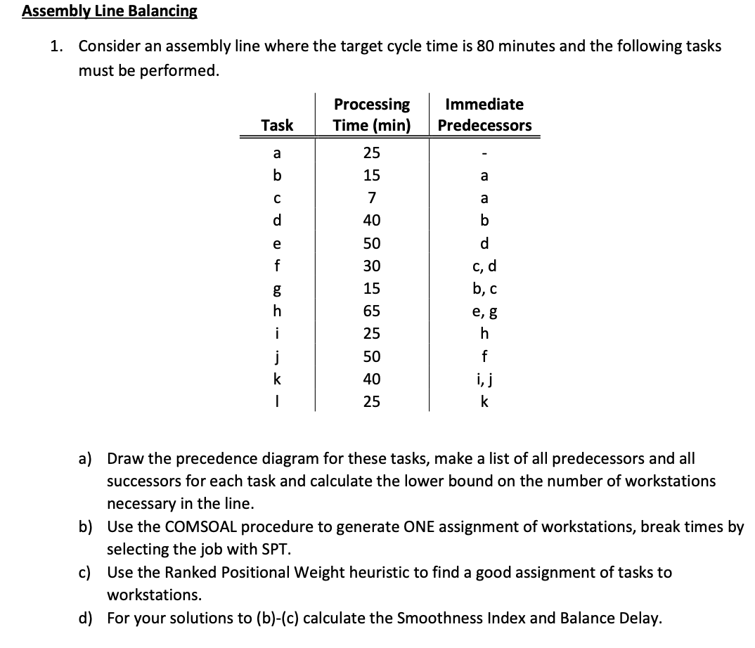  Answer a - d please! 1. Consider an assembly line where