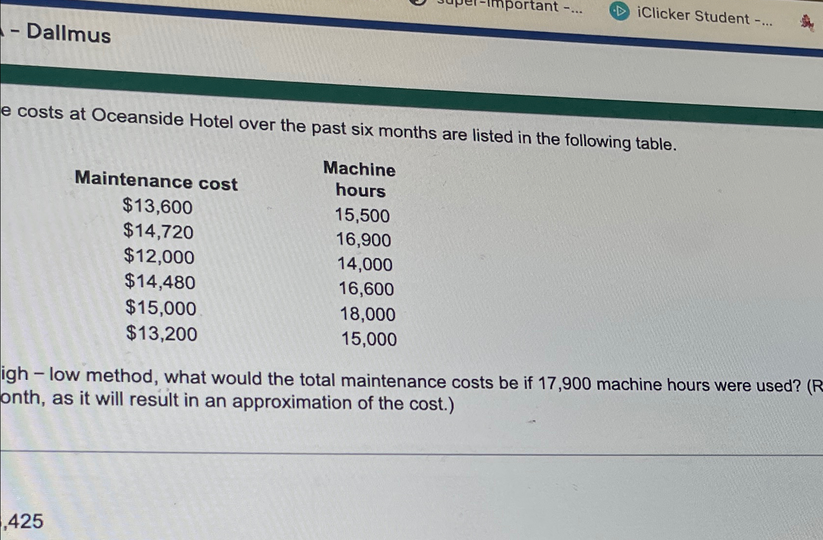  Dallmus iClicker Student -.. e costs at Oceanside Hotel over the