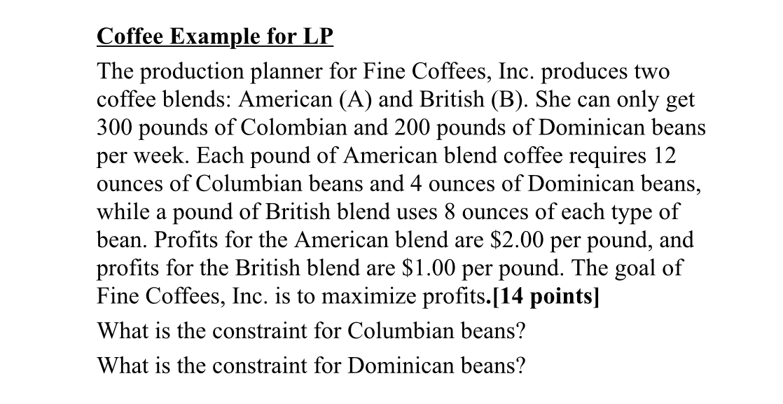  Coffee Example for LP The production planner for Fine Coffees, Inc.