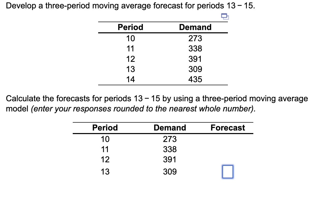  Develop a three-period moving average forecast for periods 13-15. Calculate the