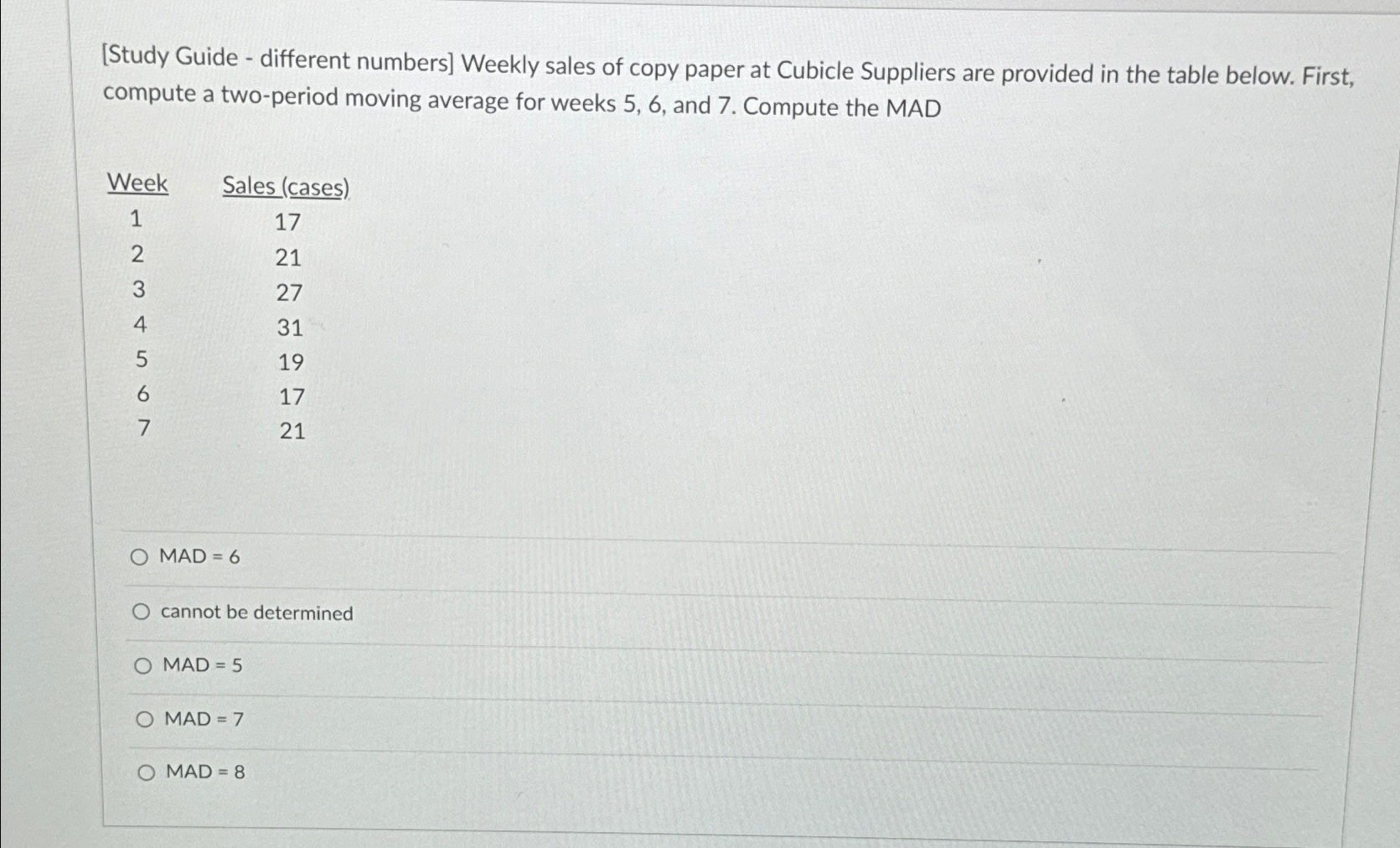  [Study Guide - different numbers] Weekly sales of copy paper at