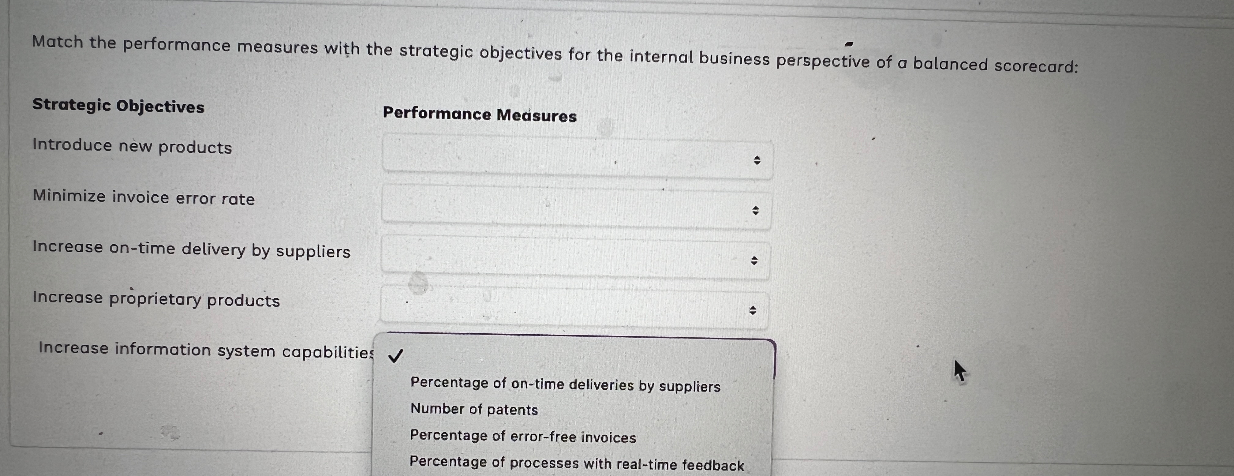  Match the performance measures with the strategic objectives for the internal
