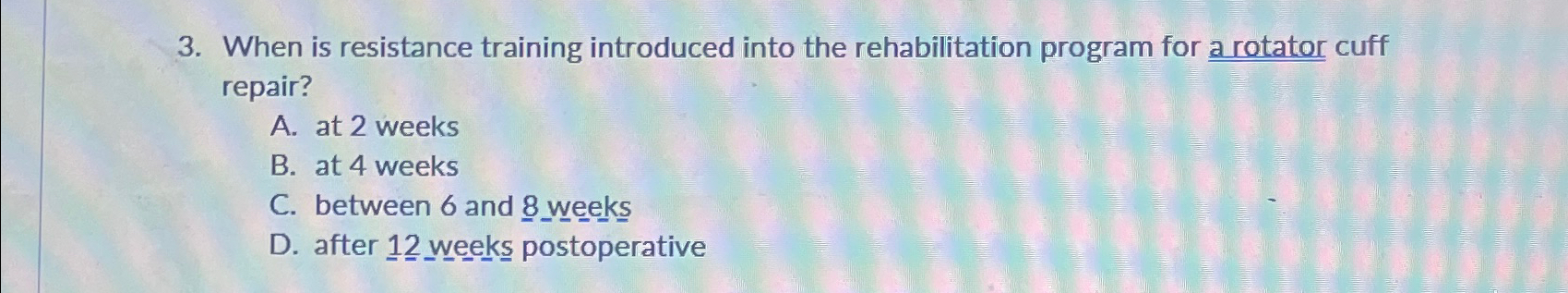  When is resistance training introduced into the rehabilitation program for a