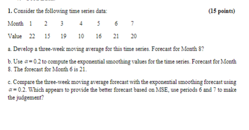  1. Consider the following time series data: (15 points) a. Develop