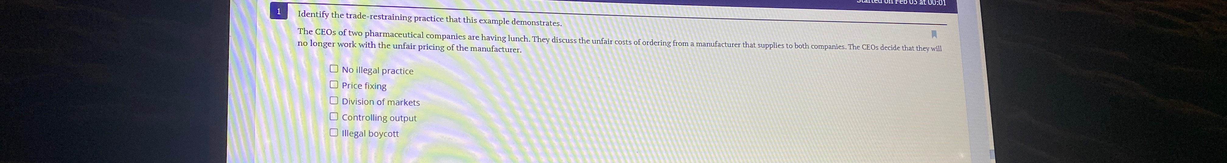  Identify the trade-restraining practice that this example demonstrates. no longer work