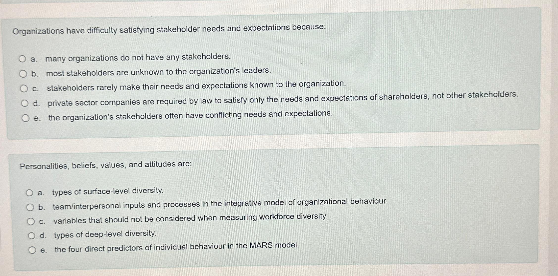  Organizations have difficulty satisfying stakeholder needs and expectations because: a. many