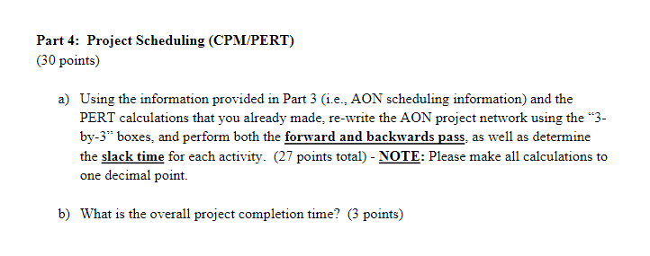  Part 4: Project Scheduling (CPM/PERT) (30 points) a) Using the information