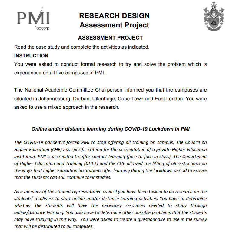  RESEARCH DESIGN Assessment Project ASSESSMENT PROJECT Read the case study and