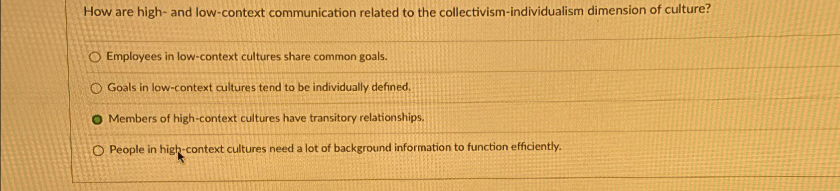  How are high- and low-context communication related to the collectivism-individualism dimension