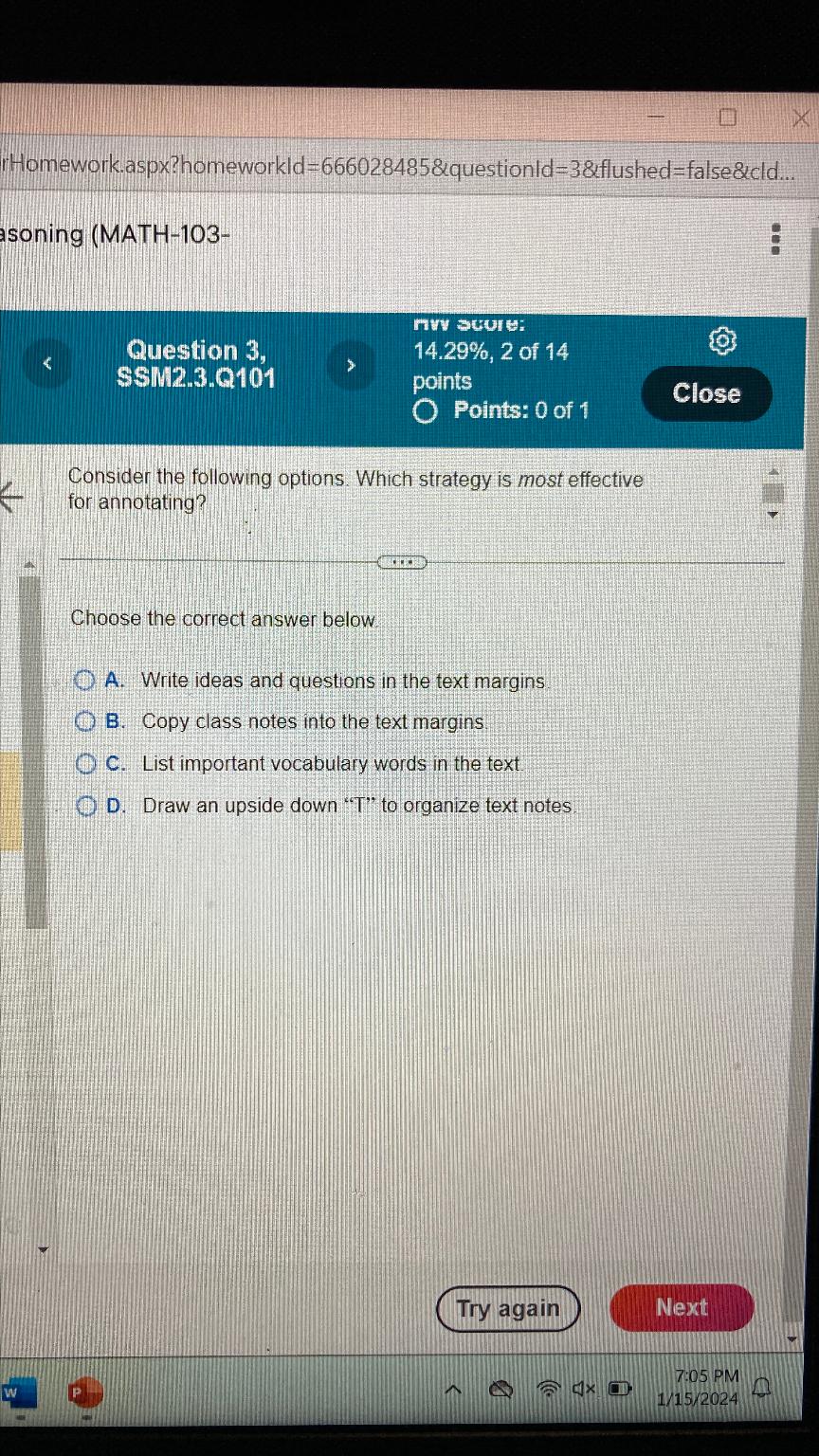  Homework.aspx?homeworkld=666028485&questionld=38flushed=false 2 cld... asoning (MATH-103- Question 3, ry scure: SSM2.3.0101 14.29%,2