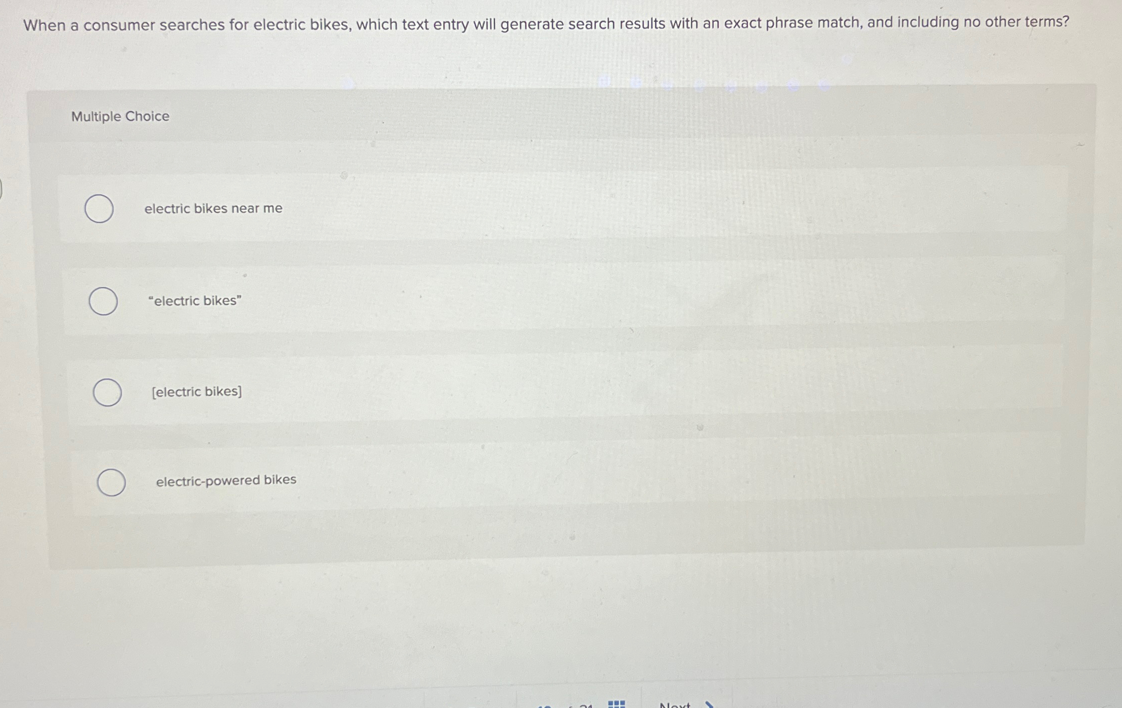  When a consumer searches for electric bikes, which text entry will