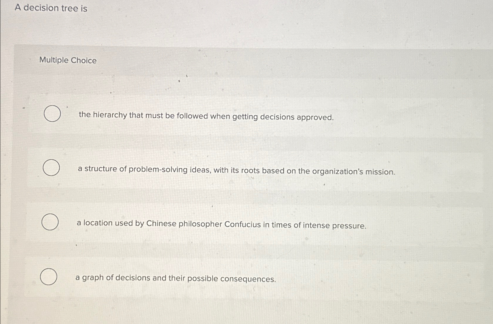  A decision tree is Multiple Choice the hierarchy that must be