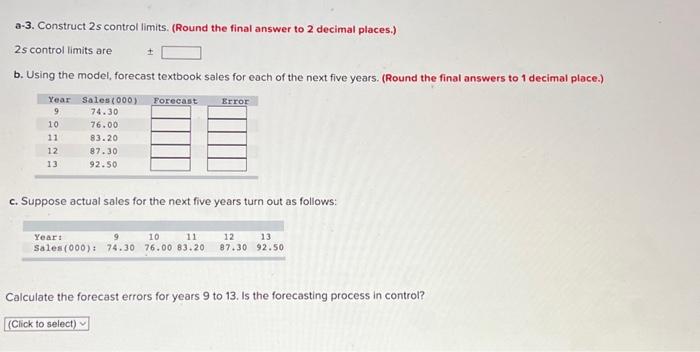 decimal places.) 2s control limits are b. Using the model, forecast textbook